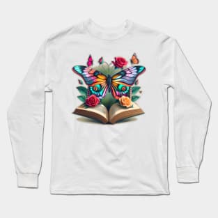 a book with a big beautiful butterfly and roses coming out of it Long Sleeve T-Shirt